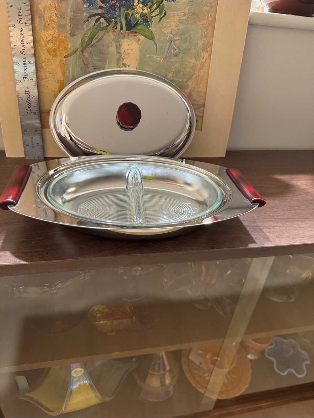 Vintage Mid-Century Modern Glo-Hill Chrome & Red Bakelite Covered Serving Dish